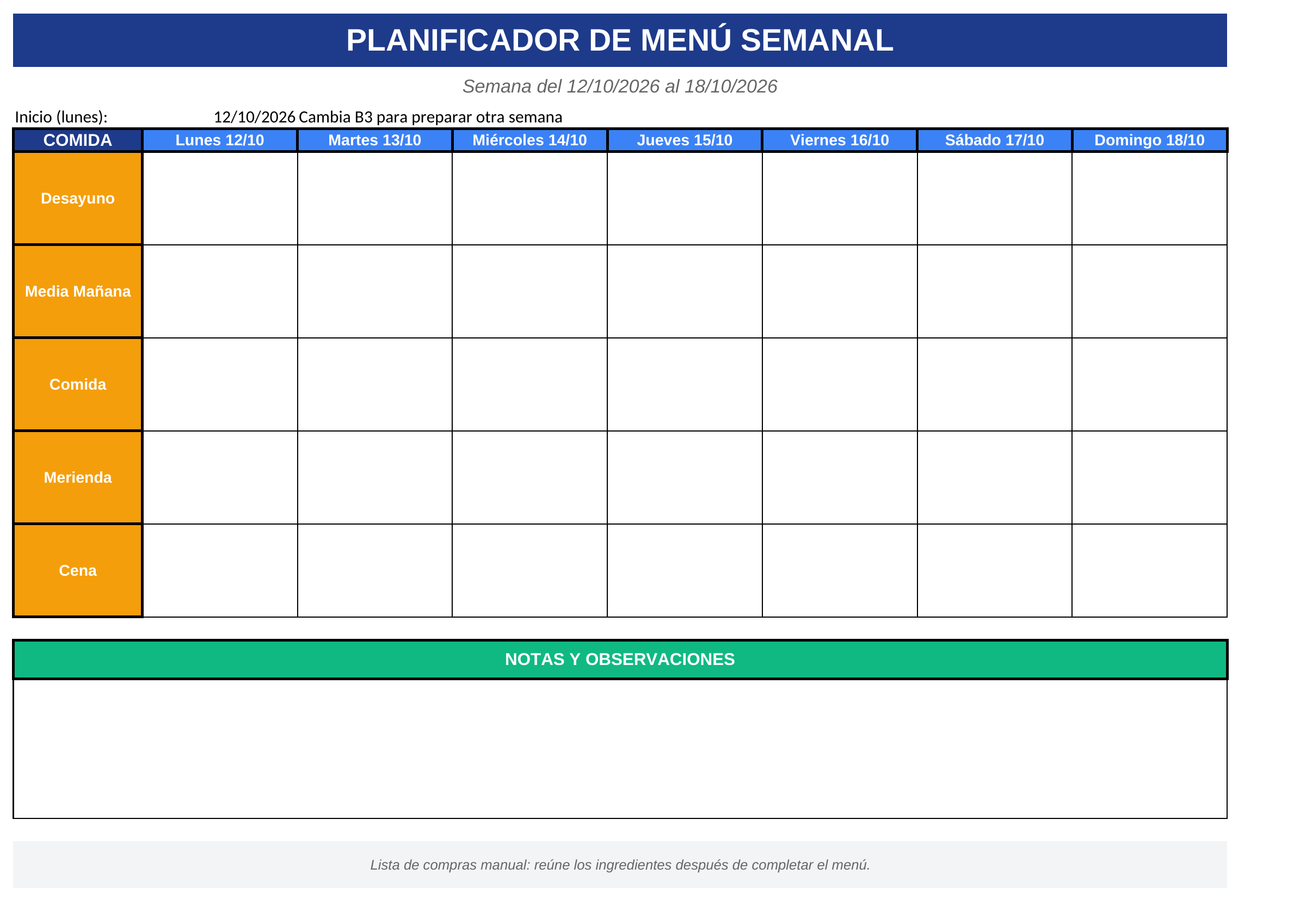 Captura de la hoja Menú semanal imprimible de la plantilla Excel