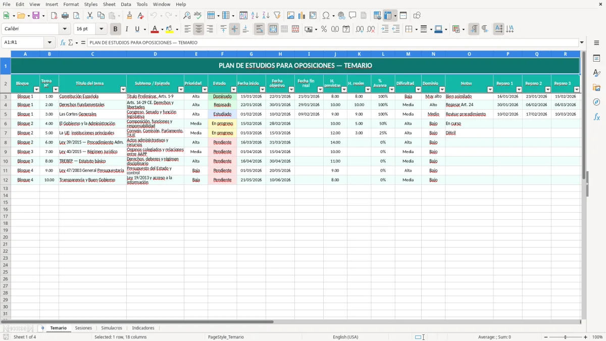 Plan de Estudios Oposiciones Excel - Plantilla Gratis (2026)
