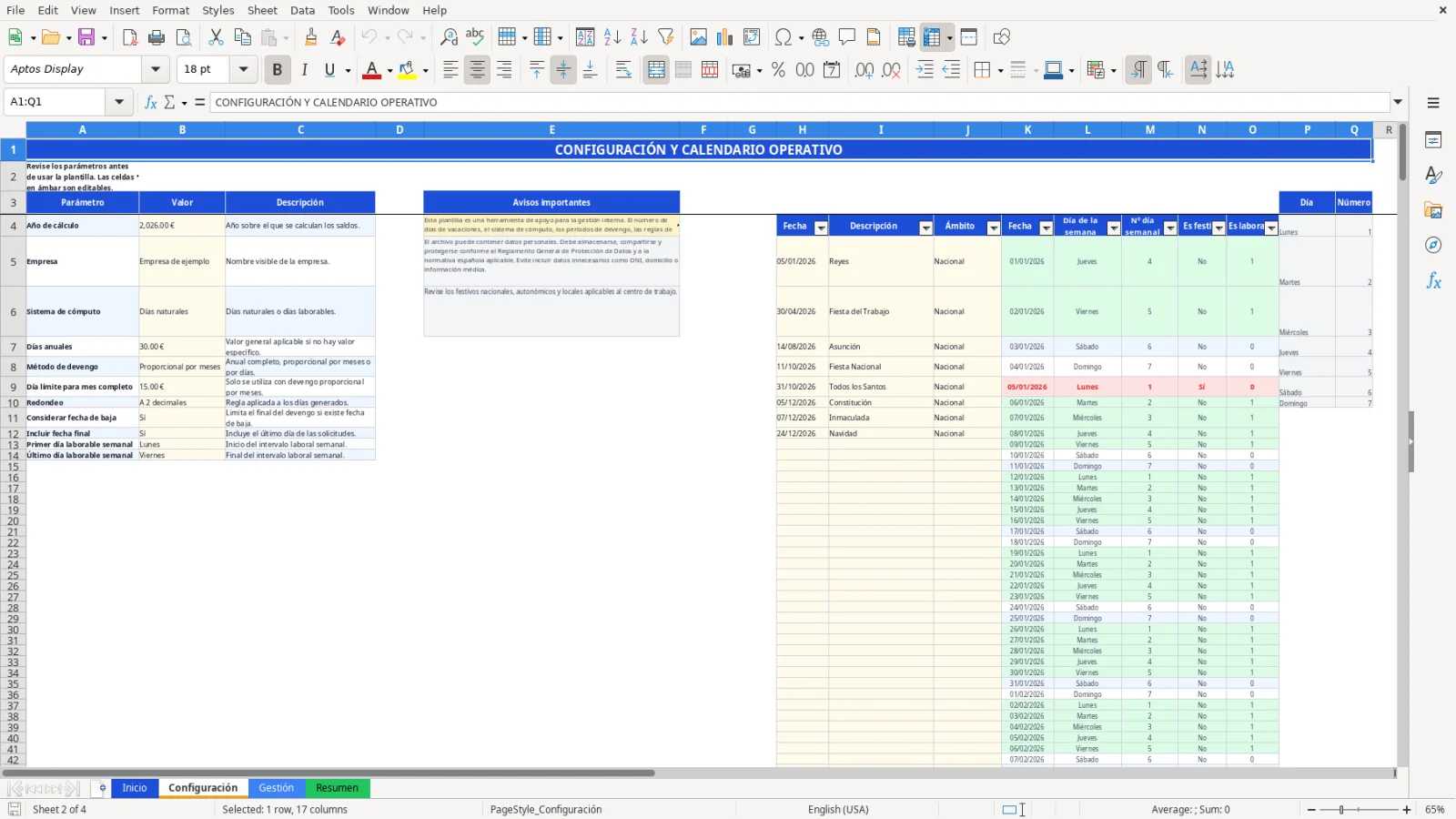 Captura de la hoja Configuración de la plantilla Excel