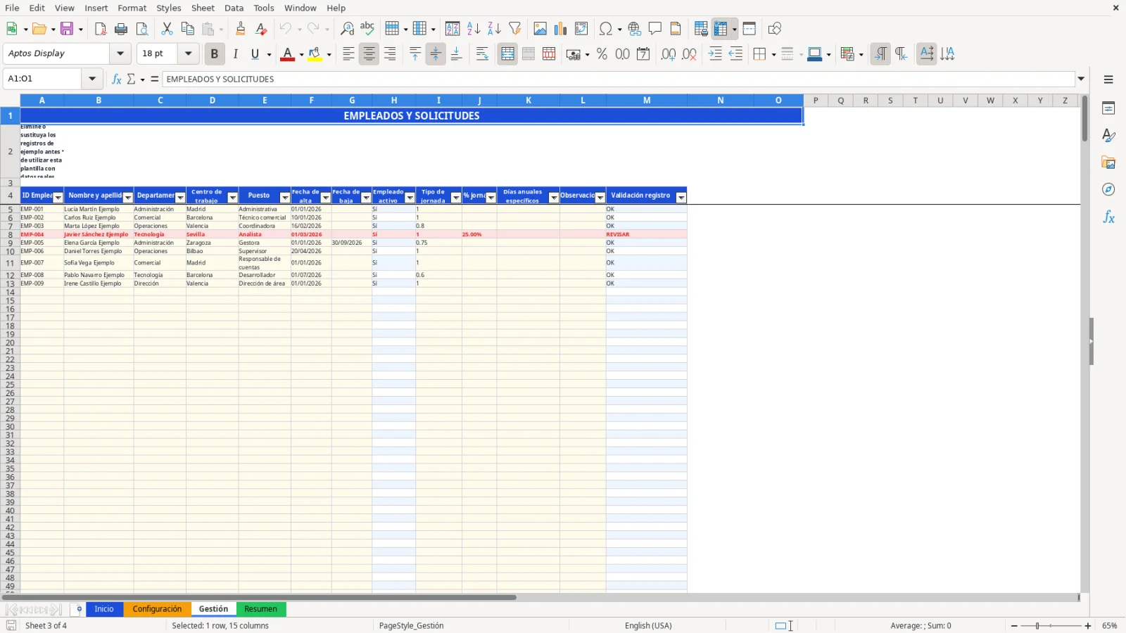 Captura de la hoja Gestión de la plantilla Excel