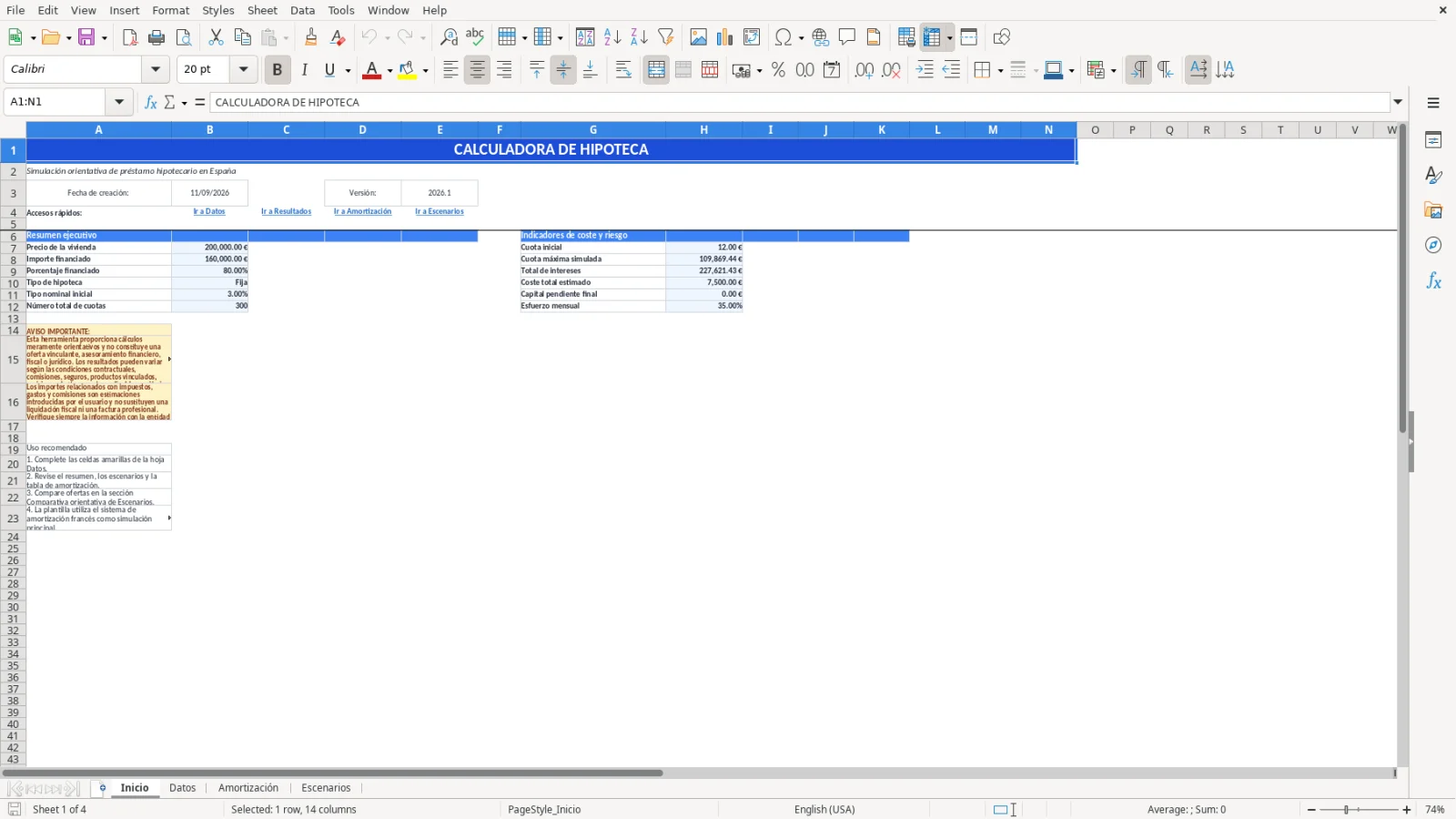 Captura de la hoja Inicio de la plantilla Excel