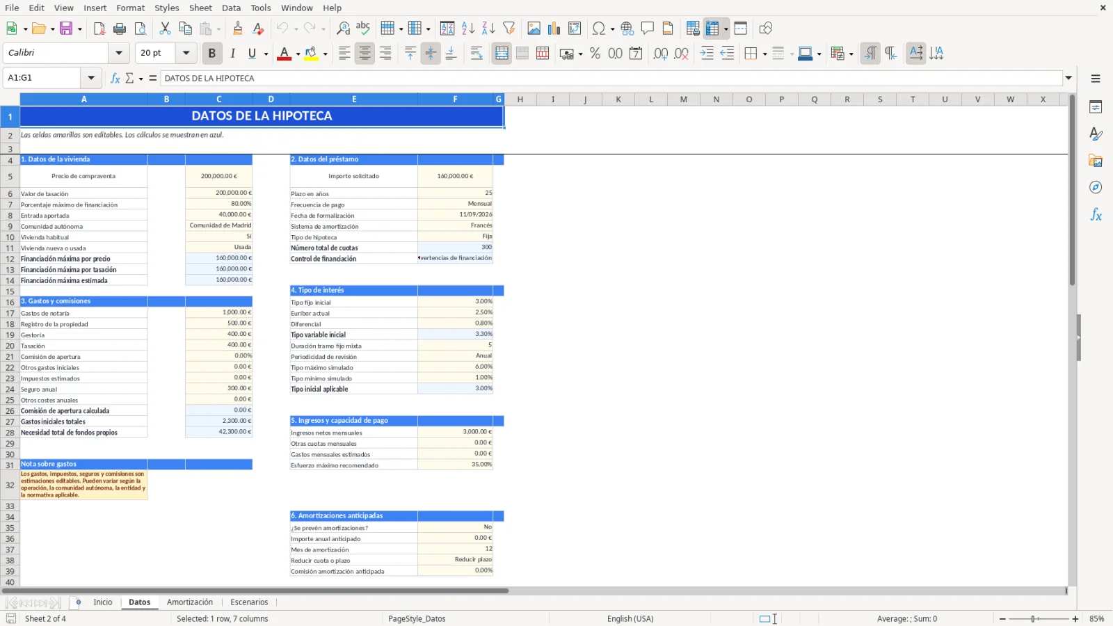 Captura de la hoja Datos de la plantilla Excel