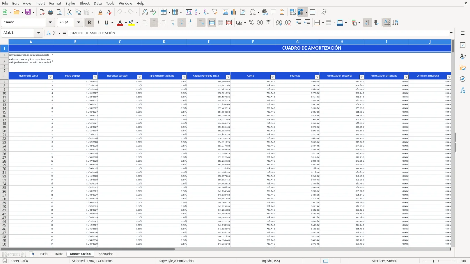 Captura de la hoja Amortización de la plantilla Excel