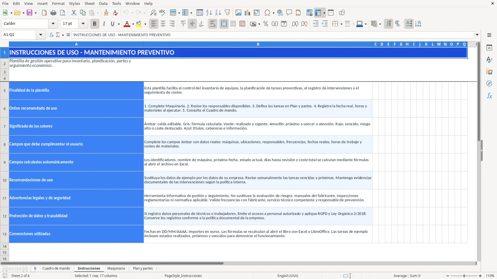 Captura de la hoja Instrucciones de la plantilla Excel