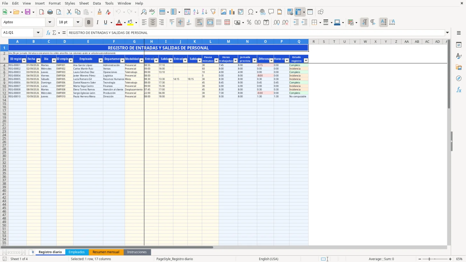 Captura de la hoja Registro diario de la plantilla Excel