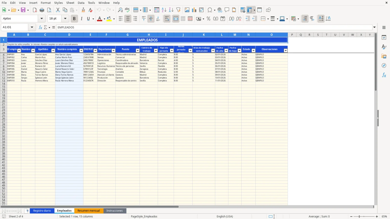 Captura de la hoja Empleados de la plantilla Excel