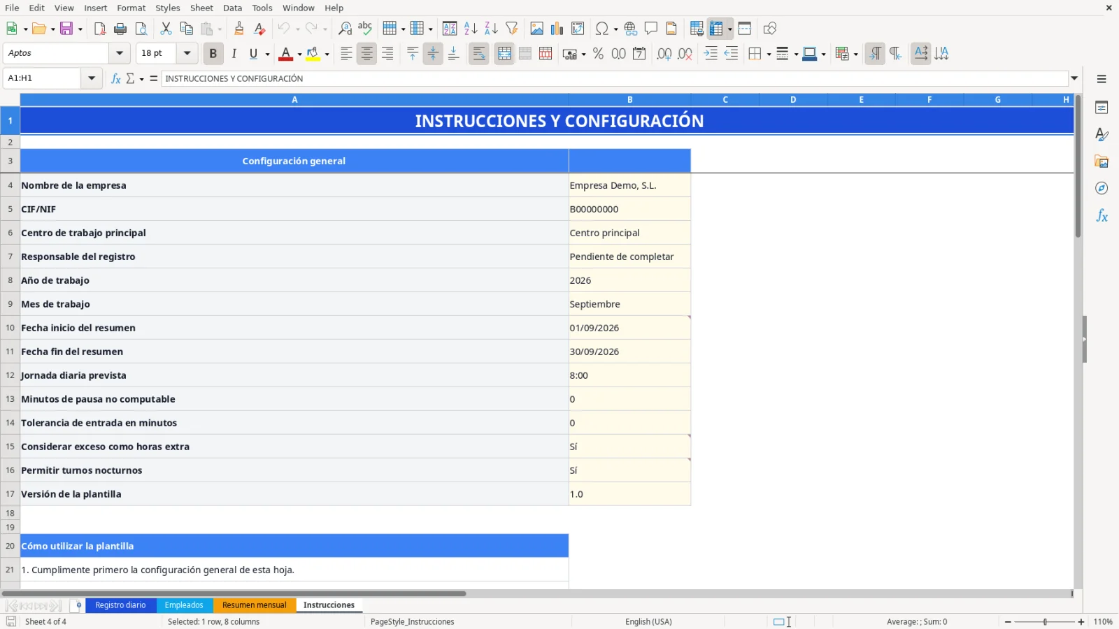 Captura de la hoja Instrucciones de la plantilla Excel
