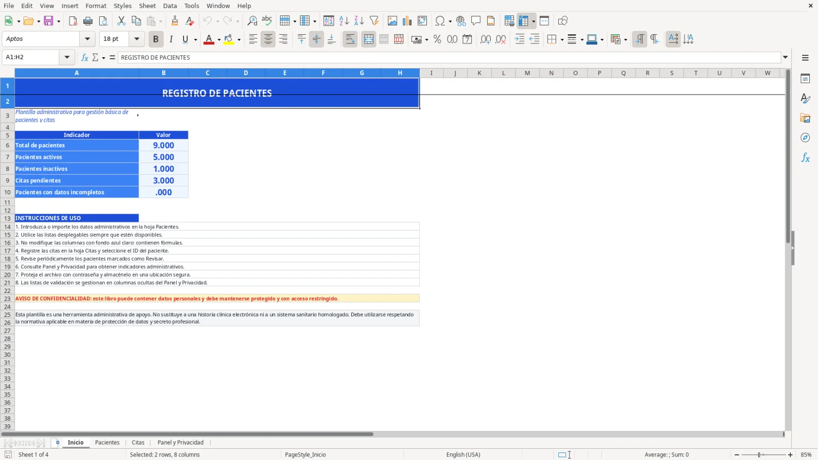 Captura de la hoja Inicio de la plantilla Excel