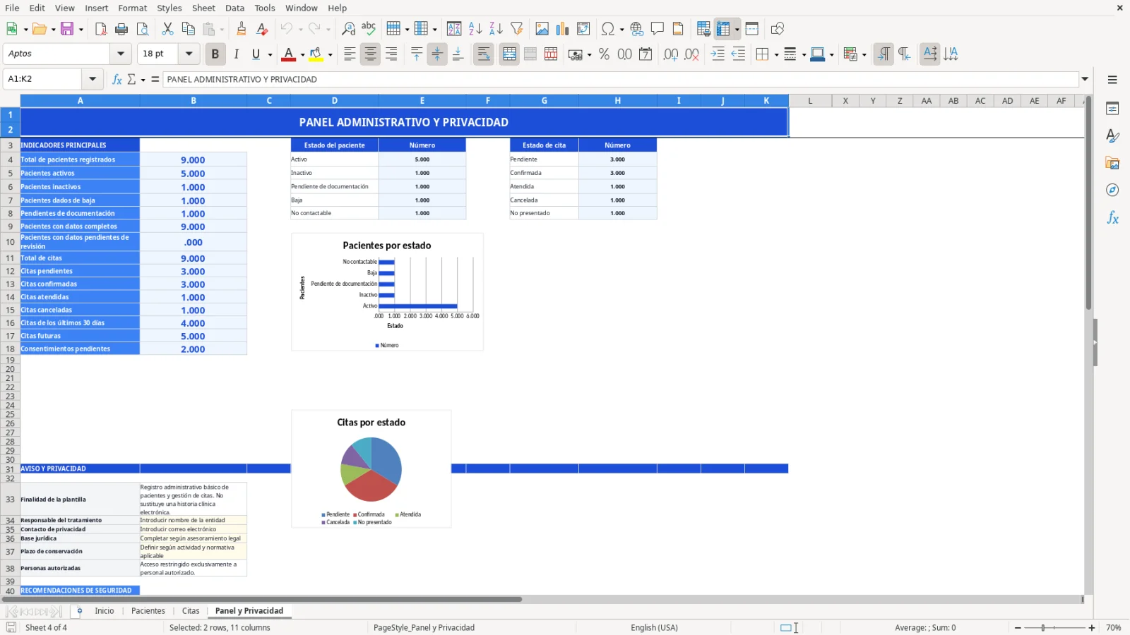 Captura de la hoja Panel y Privacidad de la plantilla Excel