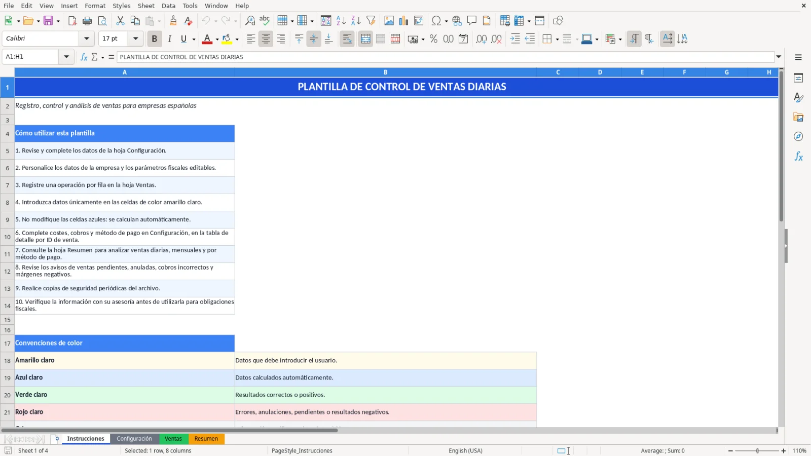 Captura de la hoja Instrucciones de la plantilla Excel