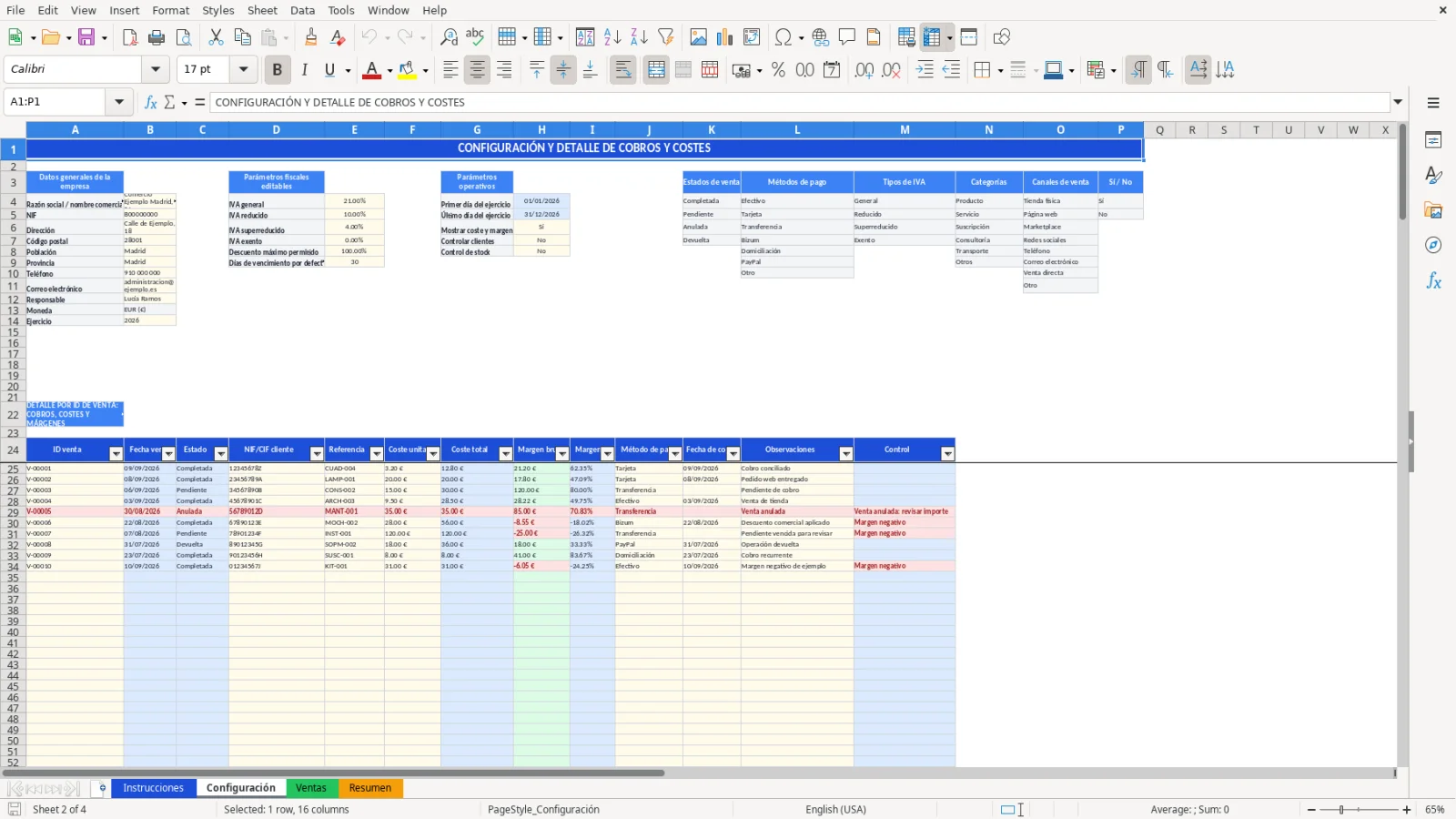 Captura de la hoja Configuración de la plantilla Excel