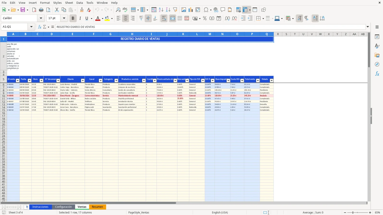 Captura de la hoja Ventas de la plantilla Excel