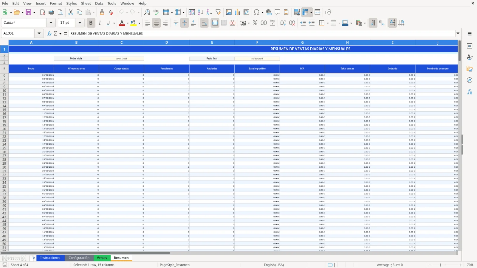 Captura de la hoja Resumen de la plantilla Excel