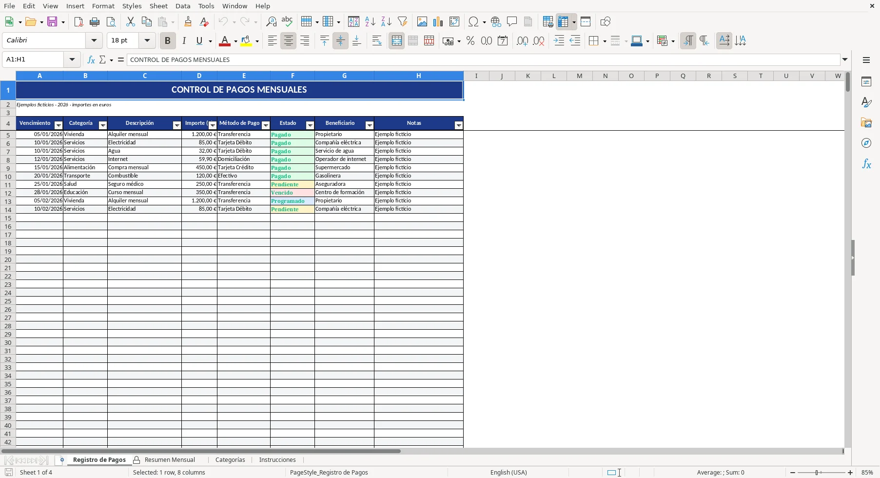 Captura de la hoja Registro de Pagos de la plantilla Excel