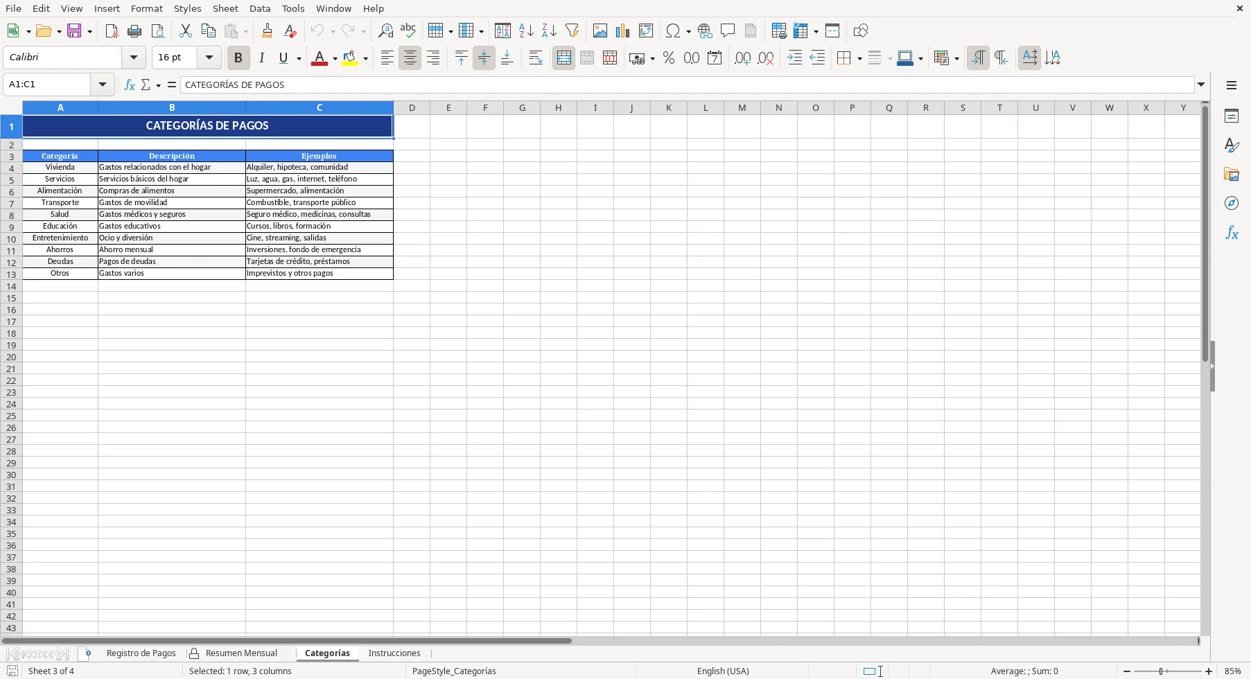 Captura de la hoja Categorías de la plantilla Excel