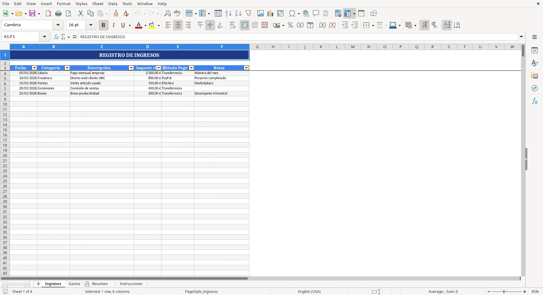 Captura de la hoja Ingresos de la plantilla Excel