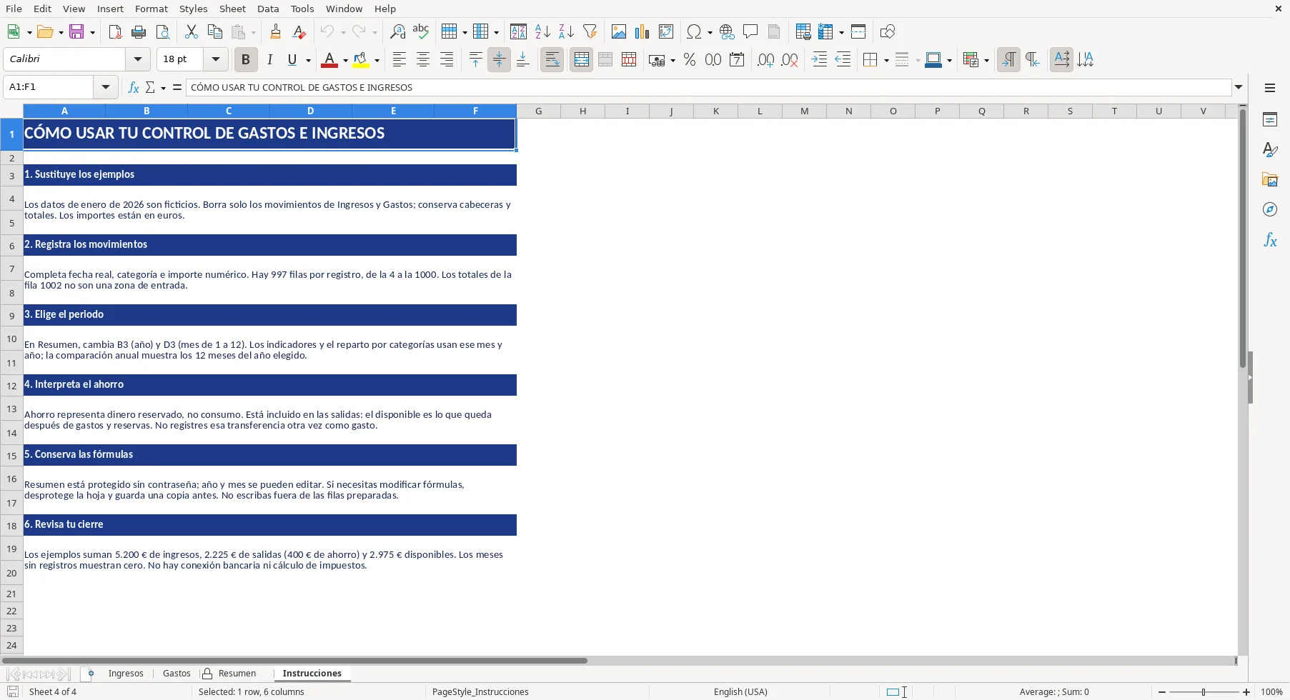 Captura de la hoja Instrucciones de la plantilla Excel